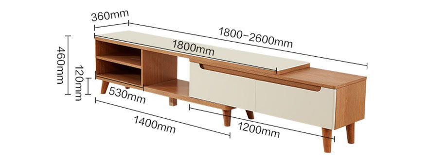 mẫu 1 chi tiết kích thước kệ tivi gỗ có thể kéo dài