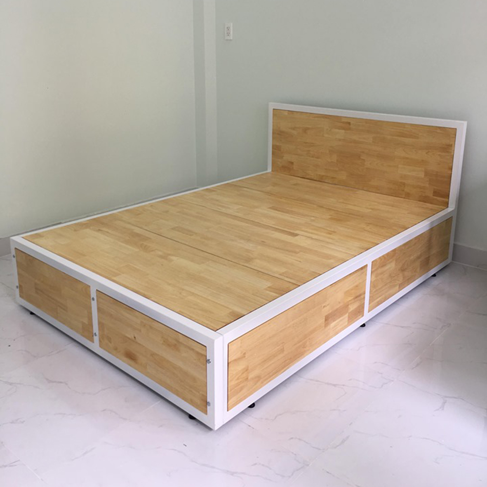 Giường ngủ gỗ cao su khung sắt