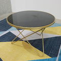 SFBT015- Bàn Sofa 3 chân chữ V vàng đồng mặt kính đen