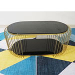 SFBT017 - Bàn Sofa 2 tầng khung sắt vàng đồng mặt kính đen