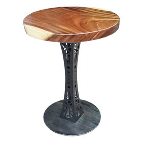 SFMT003 - Bàn cafe gỗ me tây tròn 60cm dày 5cm chân sắt hoa văn