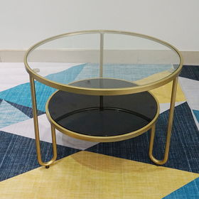 SFBT010 - Bàn Sofa tròn 2 tầng mặt kính khung sắt màu vàng đồng