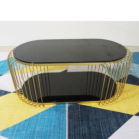 SFBT017 - Bàn Sofa 2 tầng khung sắt vàng đồng mặt kính đen