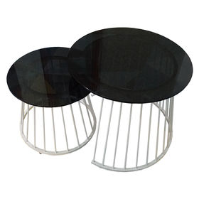 SFBT007 - Bộ 2 bàn Sofa lớn nhỏ chân hình chóp sơn trắng mặt kính đen