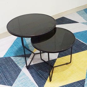 SFBT011- Bộ 2 bàn Sofa chân tia chớp sơn đen mặt kính đen