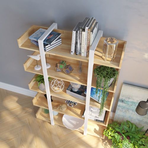 Kệ sách trang trí khung sắt trắng màu gỗ-SFKS007