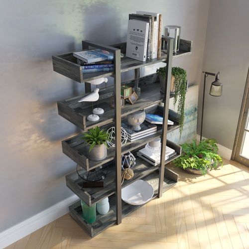 Kệ sách trang trí khung sắt đen gỗ lau nâu đen -SFKS008