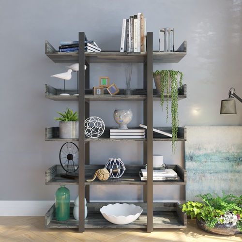 Kệ sách trang trí khung sắt đen gỗ lau nâu đen -SFKS008