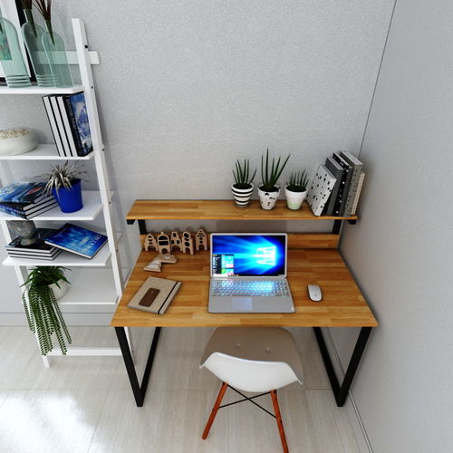 Bàn làm việc hết hợp kệ sách khung sắt gỗ cao su