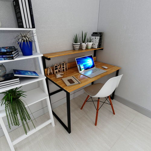 Bàn làm việc hết hợp kệ sách khung sắt gỗ cao su