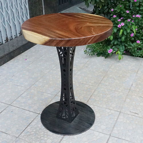 SFMT003 - Bàn cafe gỗ me tây tròn 60cm dày 5cm chân sắt hoa văn