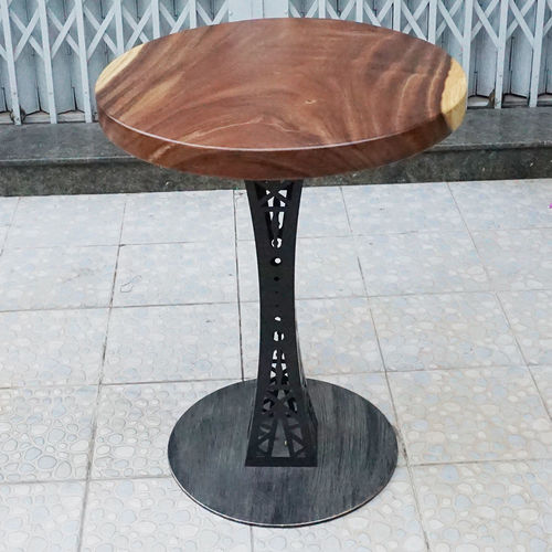 SFMT003 - Bàn cafe gỗ me tây tròn 60cm dày 5cm chân sắt hoa văn