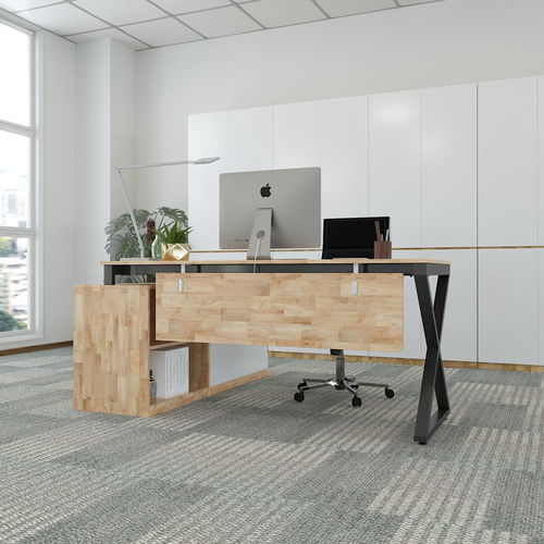 SFMXC004- Bàn giám đốc gỗ cao su chân sắt chữ X gác tủ