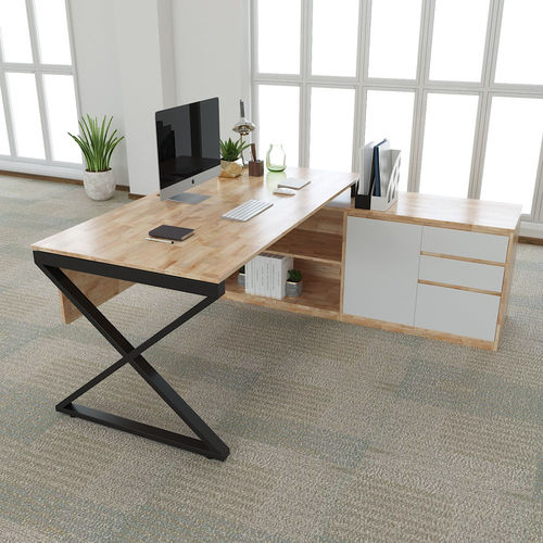 SFMXC004- Bàn giám đốc gỗ cao su chân sắt chữ X gác tủ