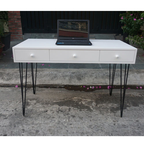 SFBHK002- Bàn 3 hộc kéo gỗ cao su sơn trắng chân Hairpin (60x120x75cm)