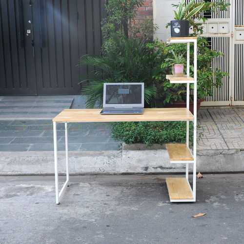 SFBK006 - Bàn làm việc kết hợp kệ bên khung sắt gỗ cao su