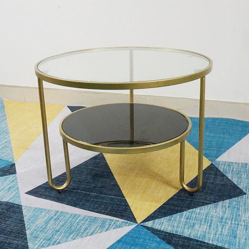 SFBT010 - Bàn Sofa tròn 2 tầng mặt kính khung sắt màu vàng đồng