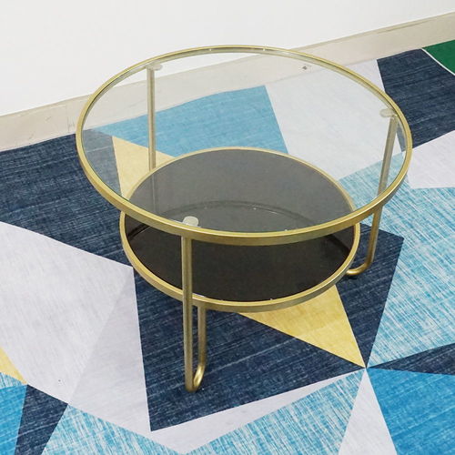 SFBT010 - Bàn Sofa tròn 2 tầng mặt kính khung sắt màu vàng đồng