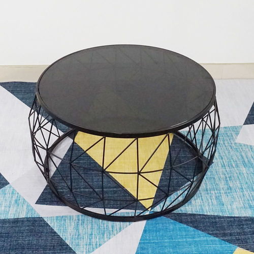 SFBT025 - Bàn Sofa hình trống khung sắt đen mặt kính đen