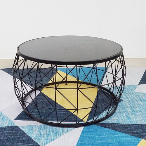 SFBT025 - Bàn Sofa hình trống khung sắt đen mặt kính đen