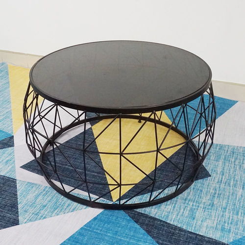 SFBT025 - Bàn Sofa hình trống khung sắt đen mặt kính đen