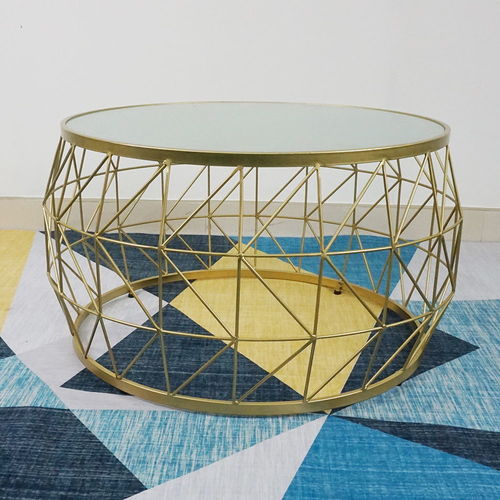 SFBT023 - Bàn Sofa hình Trống khung sắt Vàng đồng mặt kính mờ