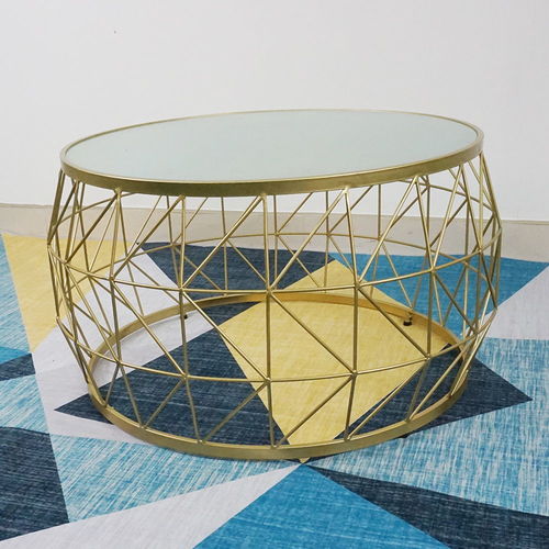 SFBT023 - Bàn Sofa hình Trống khung sắt Vàng đồng mặt kính mờ