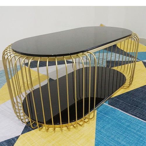 SFBT017 - Bàn Sofa 2 tầng khung sắt vàng đồng mặt kính đen