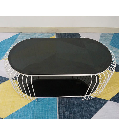 SFBT019 - Bàn Sofa 2 tầng khung sắt sơn Trắng mặt kính đen