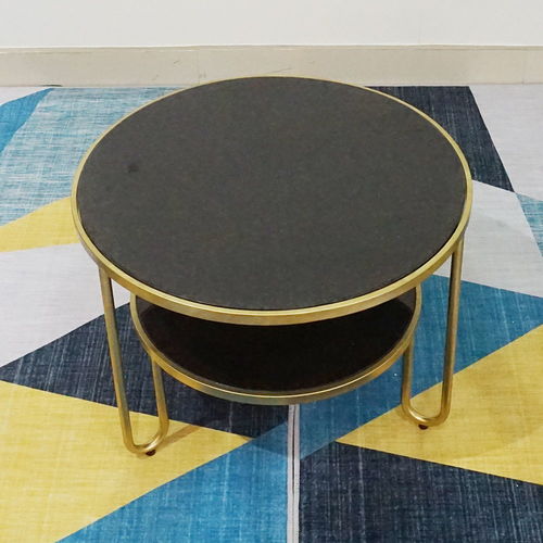 SFBT008 - Bàn Sofa Tròn 2 tầng mặt đá khung sắt vàng đồng
