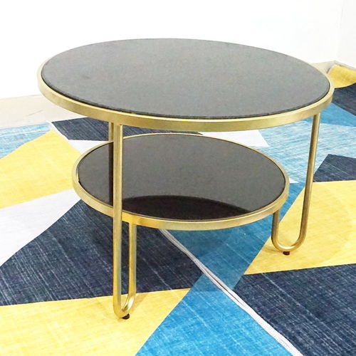 SFBT008 - Bàn Sofa Tròn 2 tầng mặt đá khung sắt vàng đồng