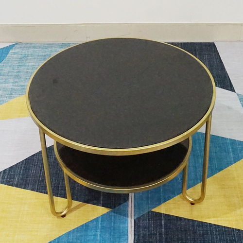 SFBT008 - Bàn Sofa Tròn 2 tầng mặt đá khung sắt vàng đồng