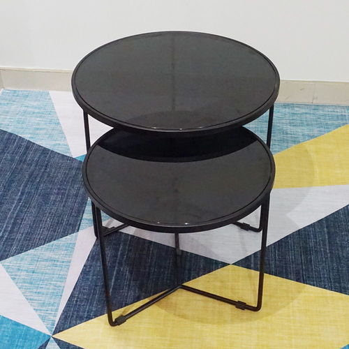 SFBT011- Bộ 2 bàn Sofa chân tia chớp sơn đen mặt kính đen