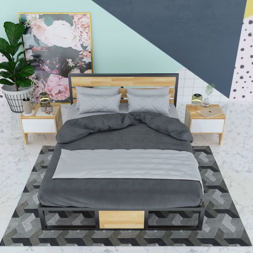 SFGN004 - Giường ngủ đôi lớn gỗ cao su khung sắt lắp ráp 2